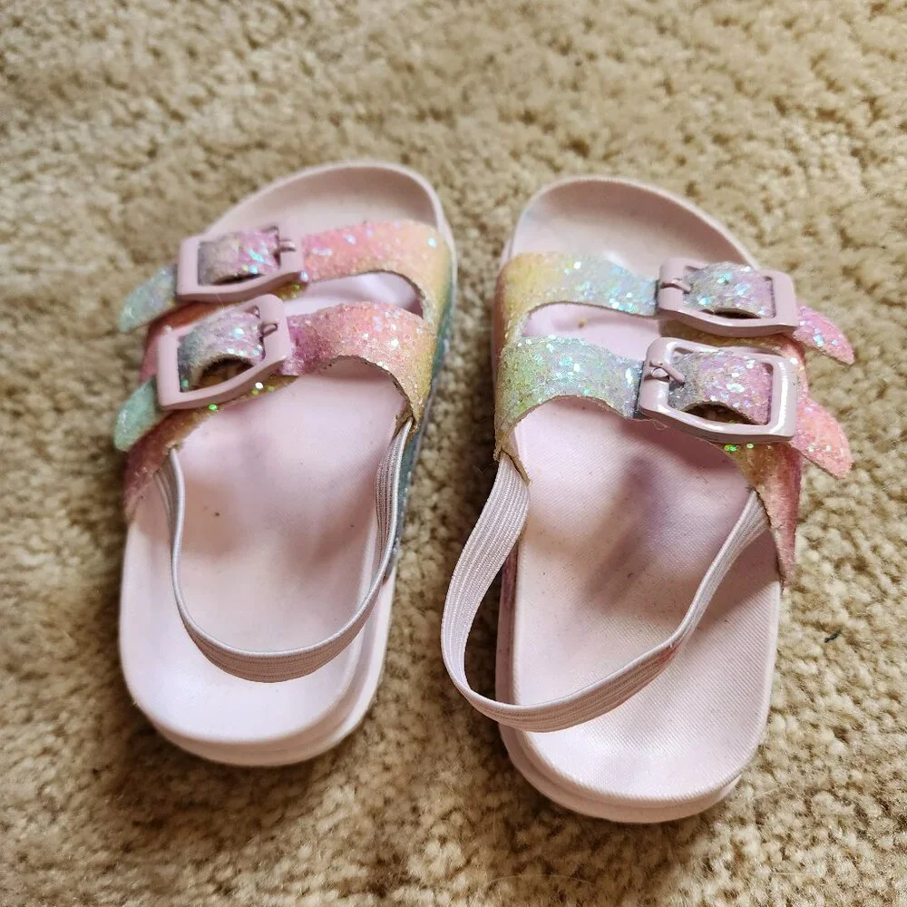 First Steps Toddle Girls' Sandals Slip On Double Buckle Slide Pink Glitter Sz: 5